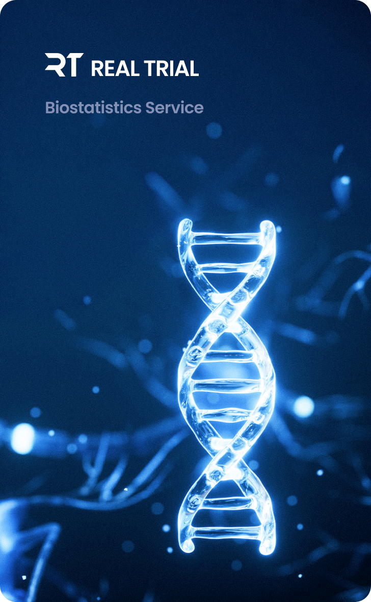 이미지 상단, 회사 RealTrial 로고 회사명과 서비스명, Biostatistics Service 이 적혀있다, 이미지 우측 하단에 DNA 그림이 위치한다.