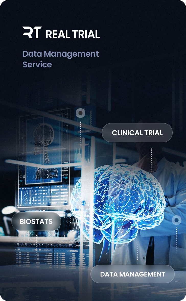 이미지 상단, 회사 RealTrial 로고 회사명과 서비스명, Data Management Service 이 적혀있다, 연구실에서 홀로그램의 두뇌 이미지가 이미지 우측에 위치, Clinical Trial, Biostats, Data Management 텍스트가 홀로그램 두뇌 주변에 위치한다.